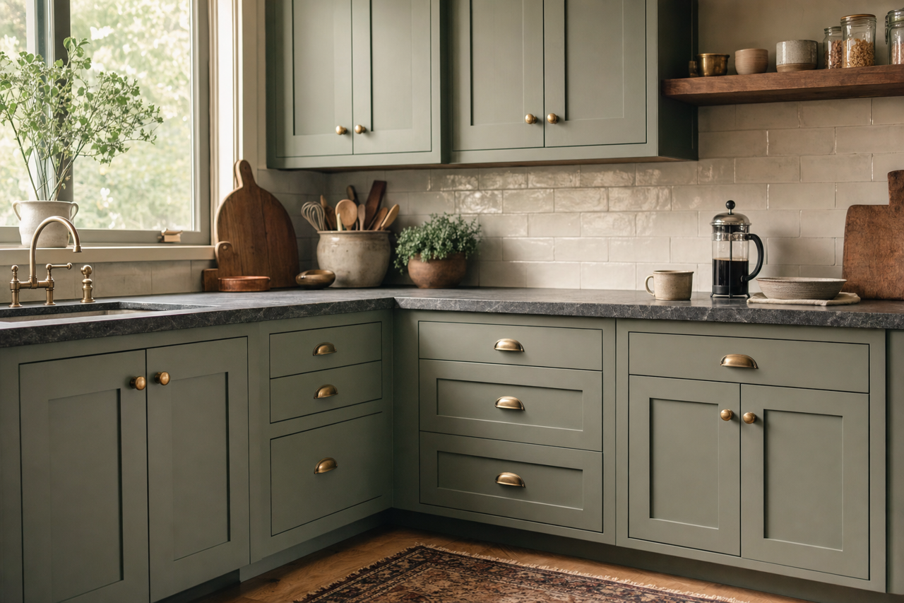 Lush Sage by Valspar on cabinets