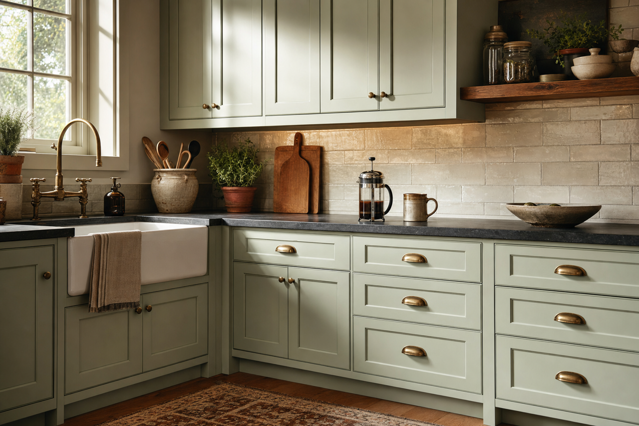 Sage Bud by Valspar on cabinets