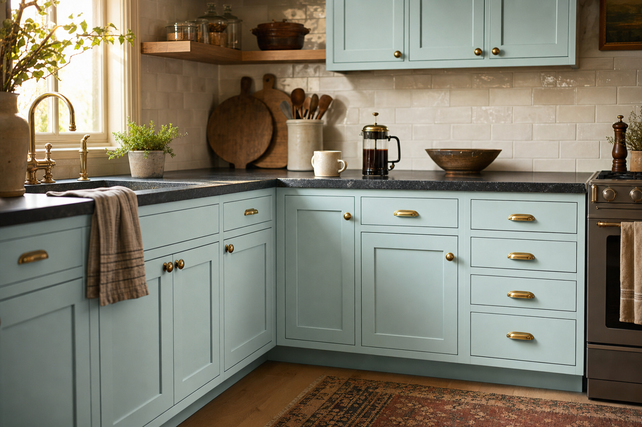 Harbor Mist by Valspar on cabinets