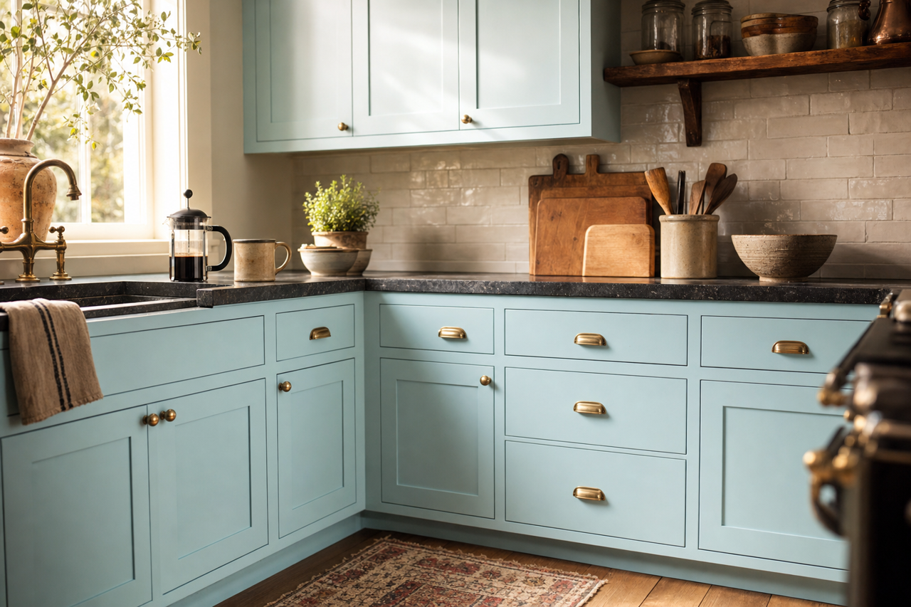 River Mist by Valspar on cabinets