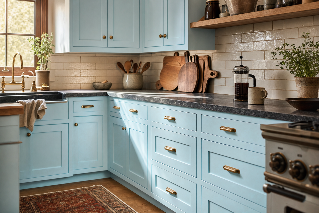 Angelic Blue by Valspar on cabinets