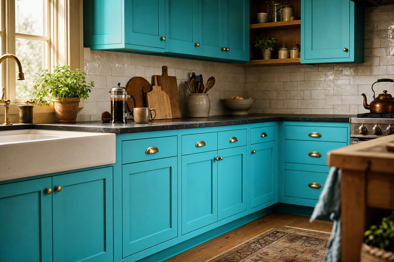 Exotic Sea by Valspar on cabinets
