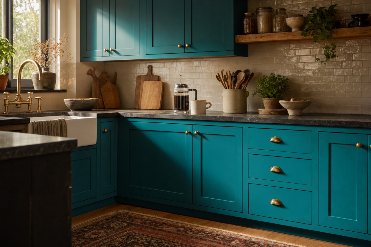 Bay Teal by Valspar on cabinets