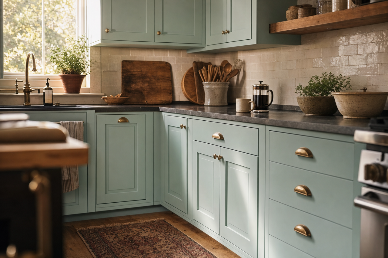 Valley Haze by Valspar on cabinets