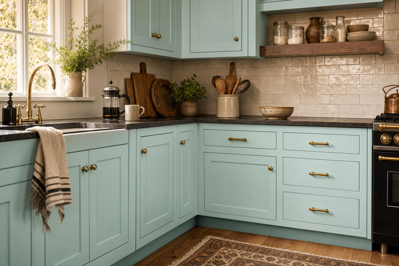 Tropical Spray by Valspar on cabinets