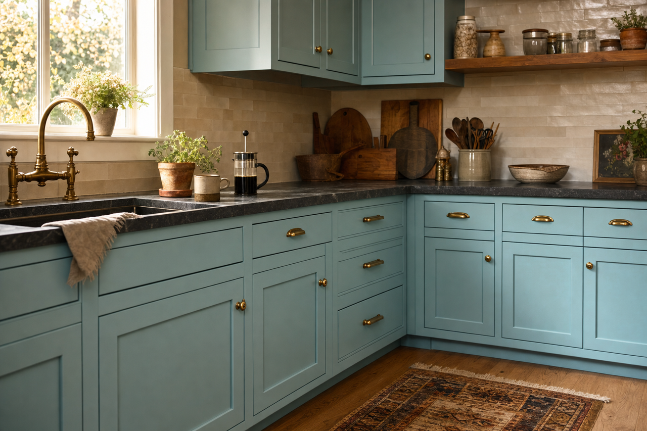 Crystal Sea by Valspar on cabinets