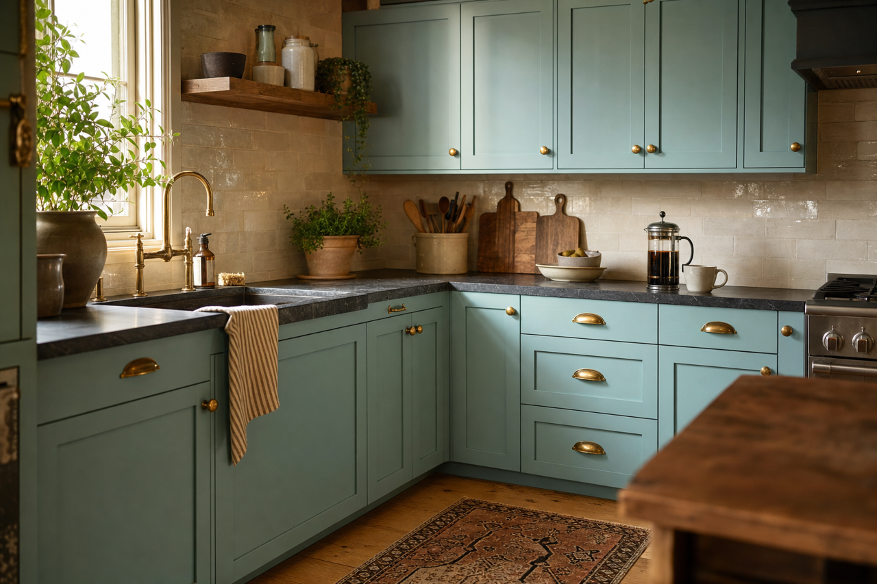 Sea Seeker by Valspar on cabinets