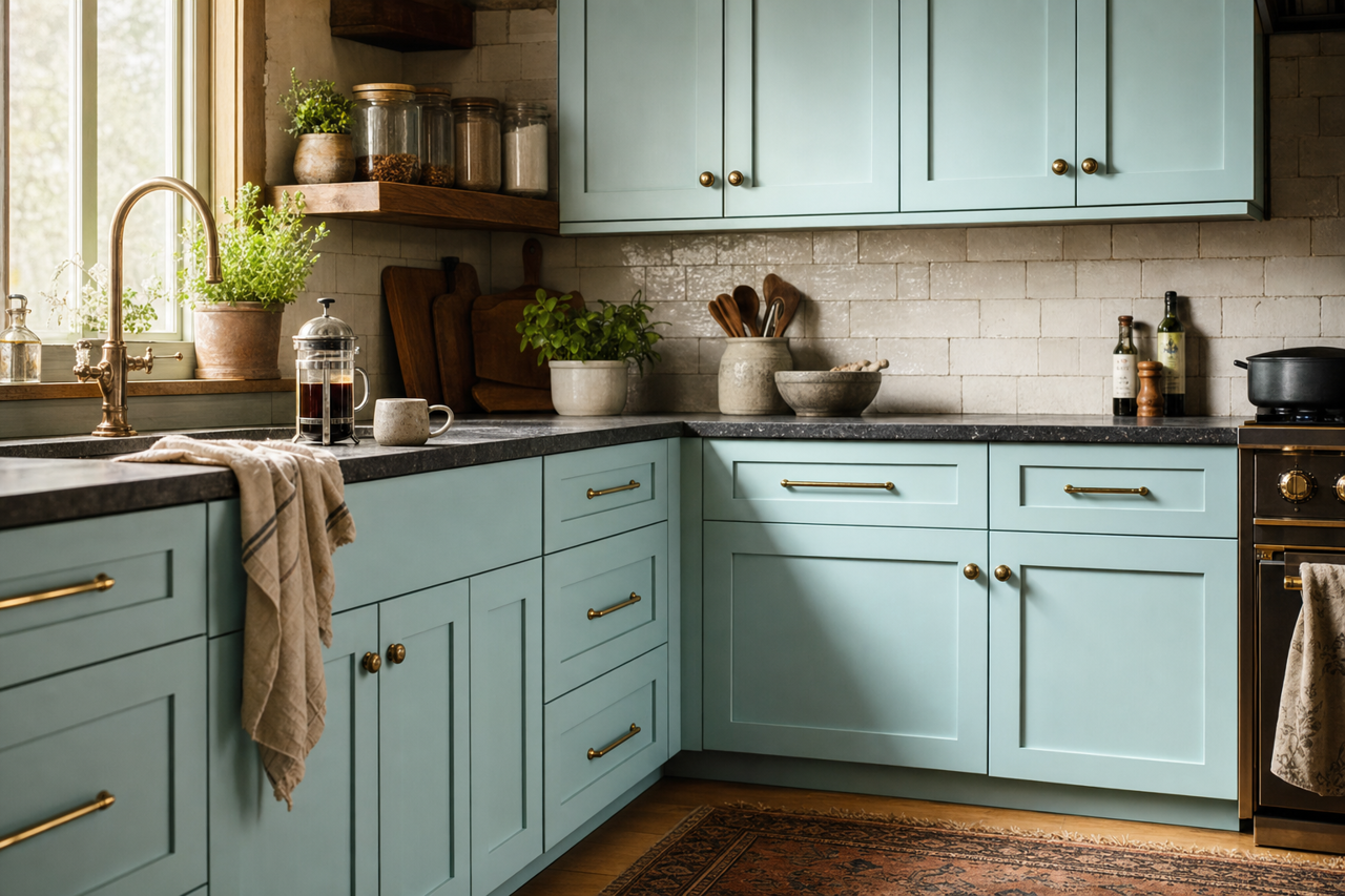 Out of the Blue by Valspar on cabinets