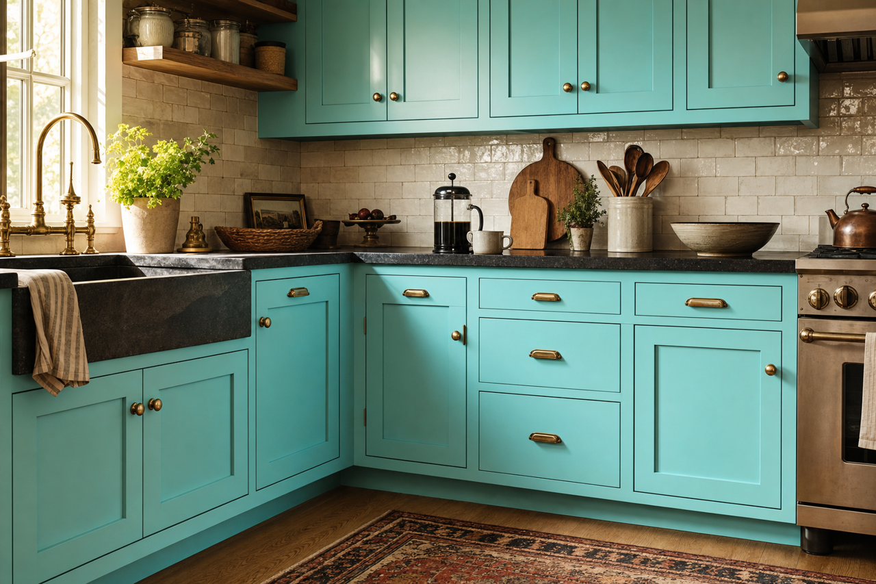 Aqua Ocean by Valspar on cabinets