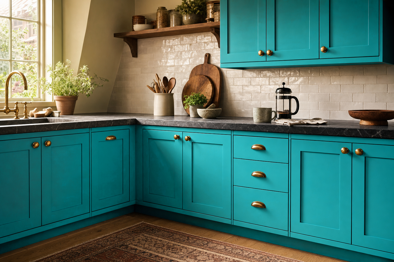 Cool Rain by Valspar on cabinets