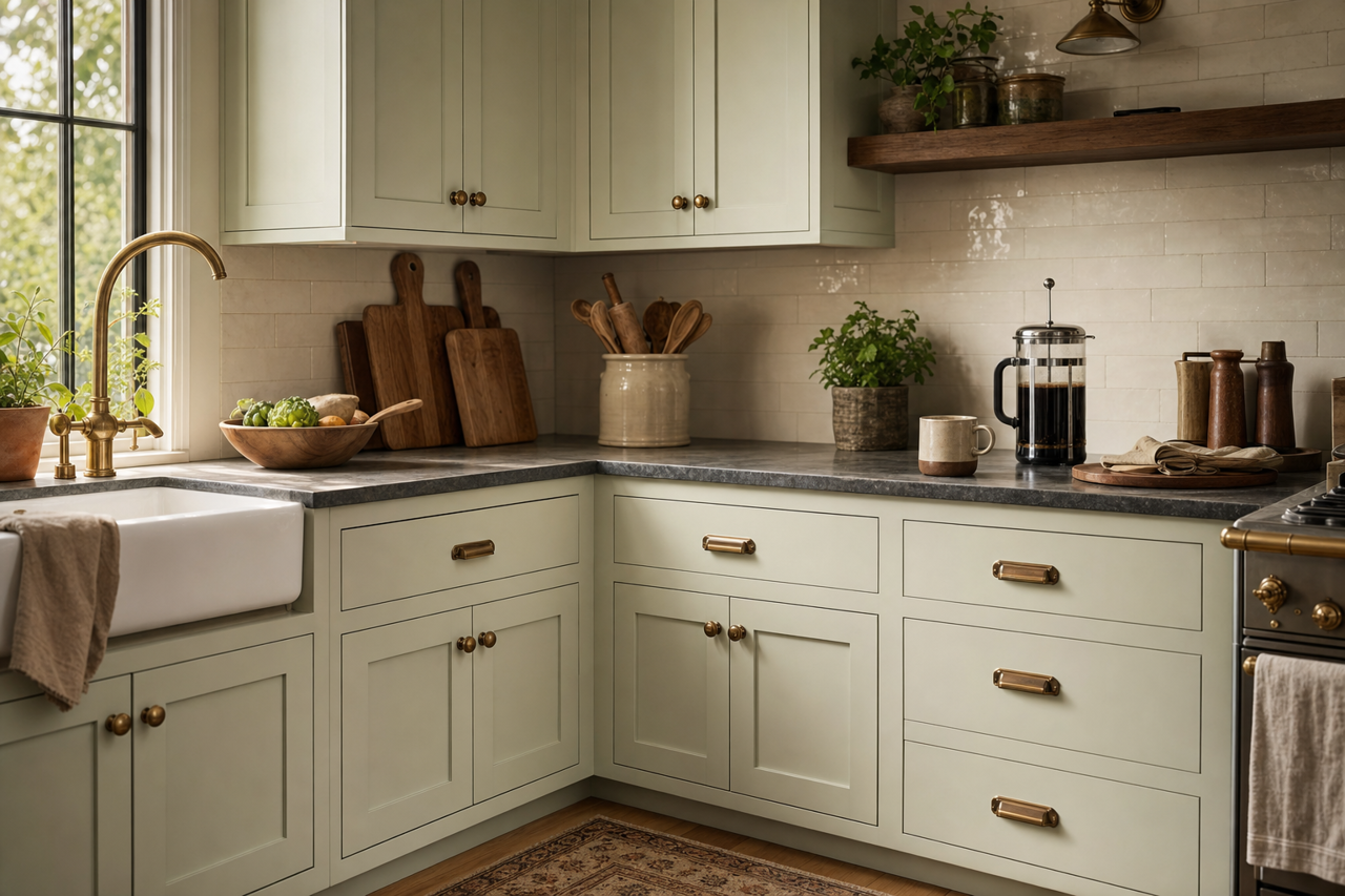 Sage Morsel by Valspar on cabinets