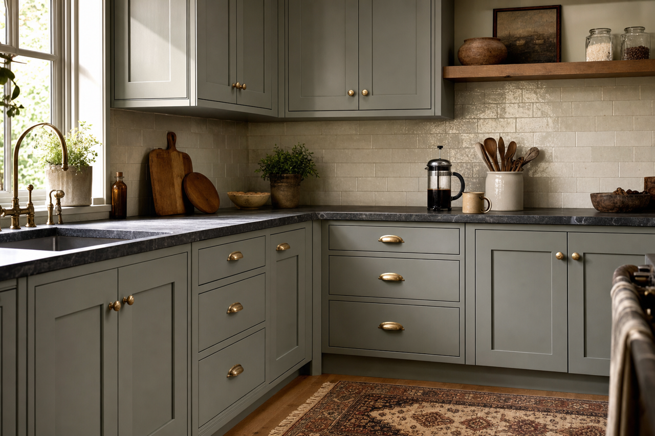 Murky Sage by Valspar on cabinets