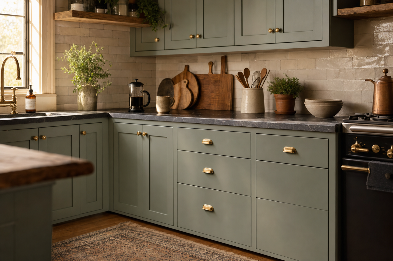 Green Peppercorn by Valspar on cabinets