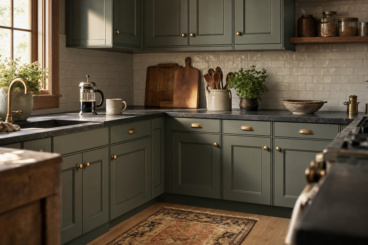 Belmont Green by Valspar on cabinets