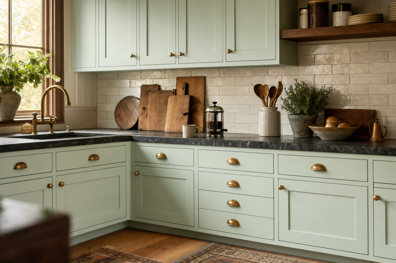 Pillow Mint by Valspar on cabinets