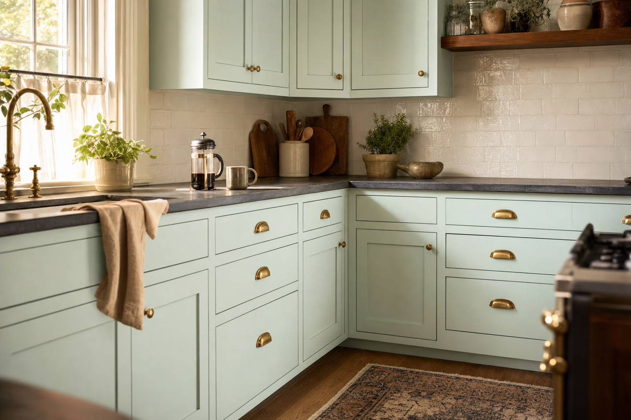 Dancing Mist by Valspar on cabinets