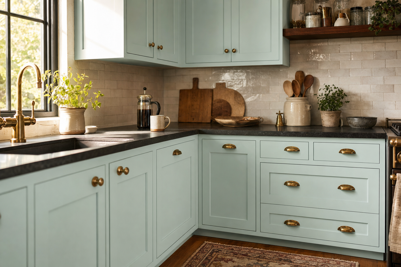 Blue Whisper by Valspar on cabinets
