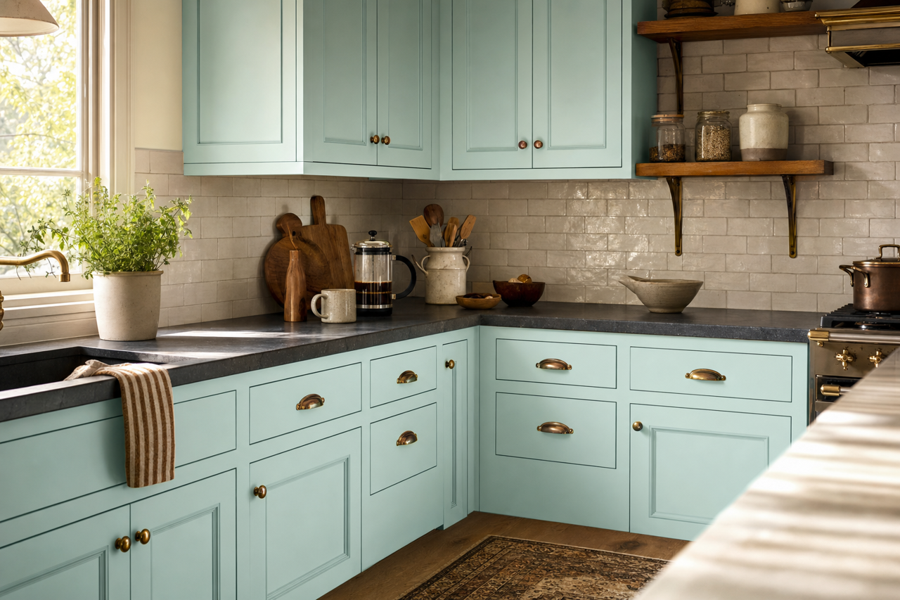 Fountain Mist by Valspar on cabinets