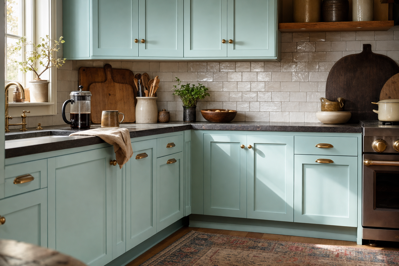 Sea Kiss by Valspar on cabinets