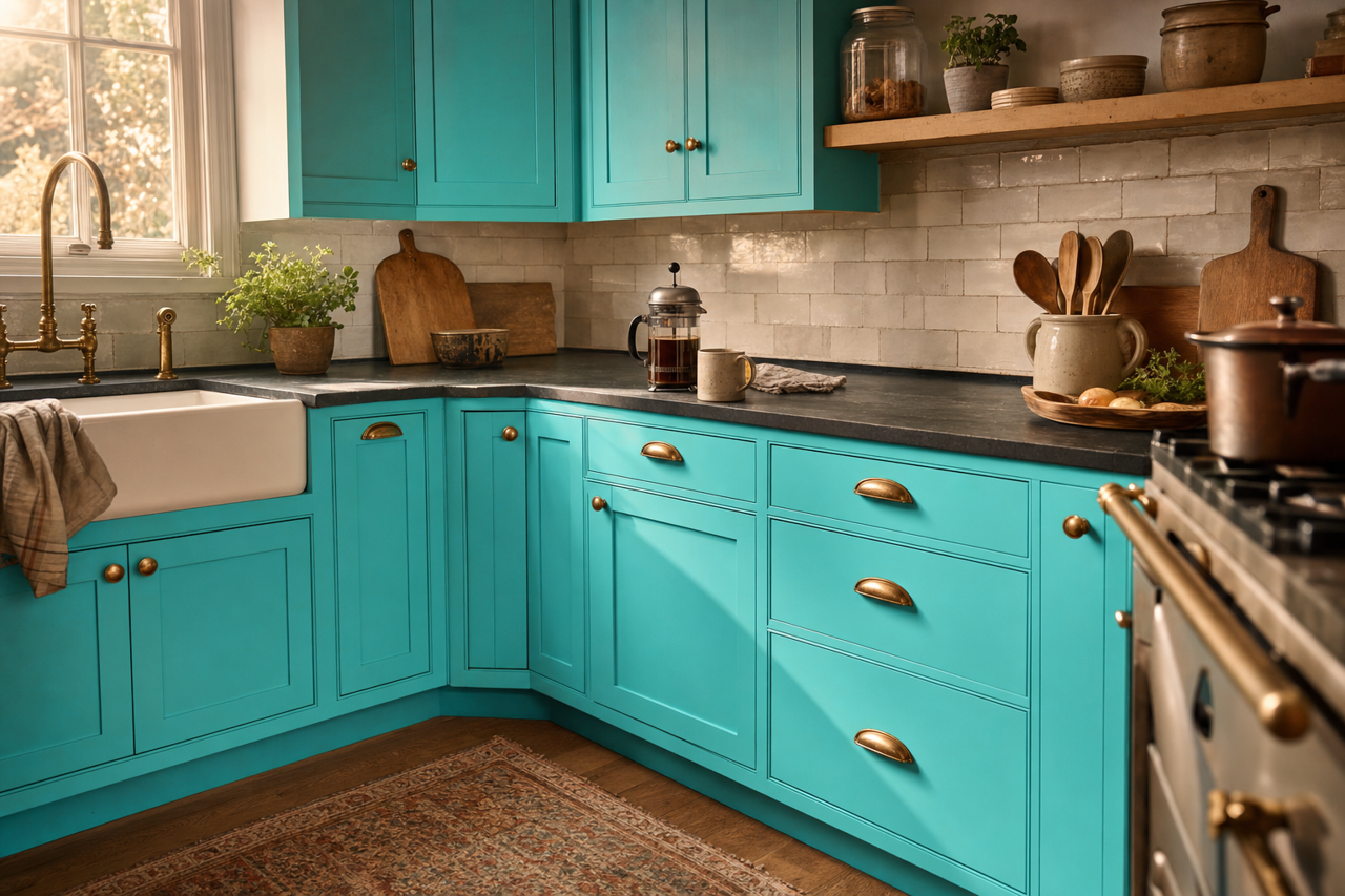 Turquoise Tint by Valspar on cabinets