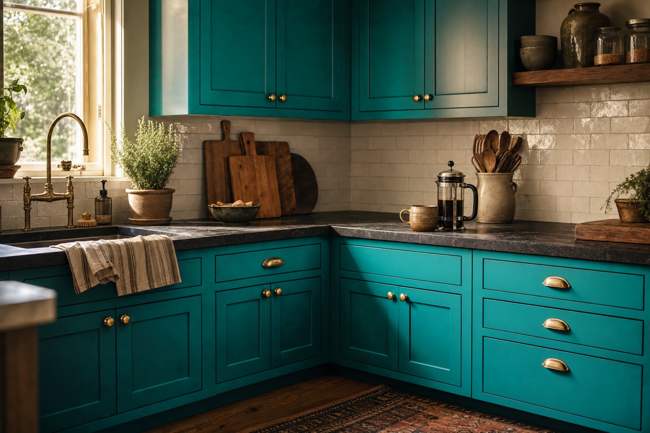 Blue Turquoise by Valspar on cabinets