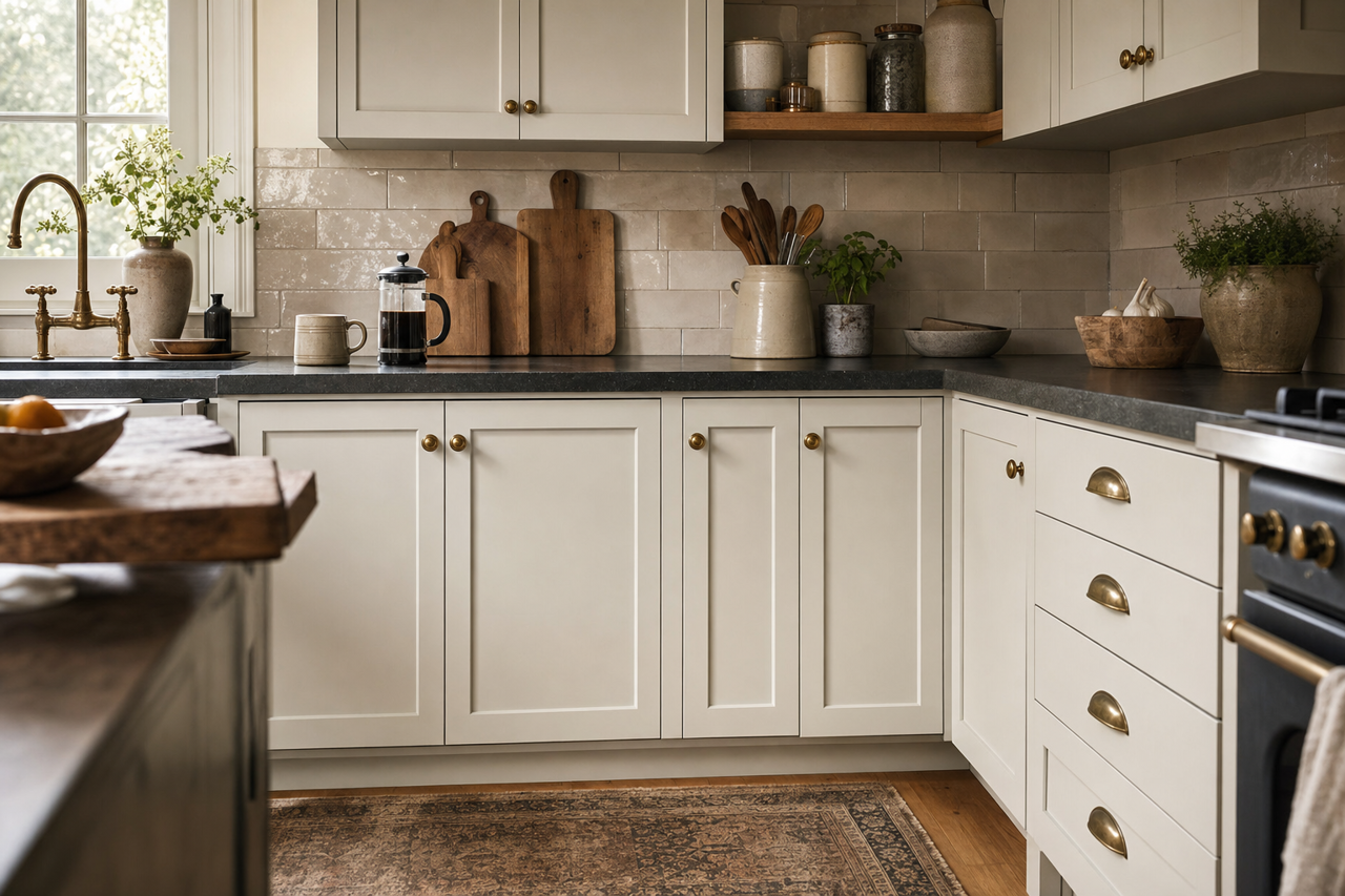 Comet Dust by Valspar on cabinets