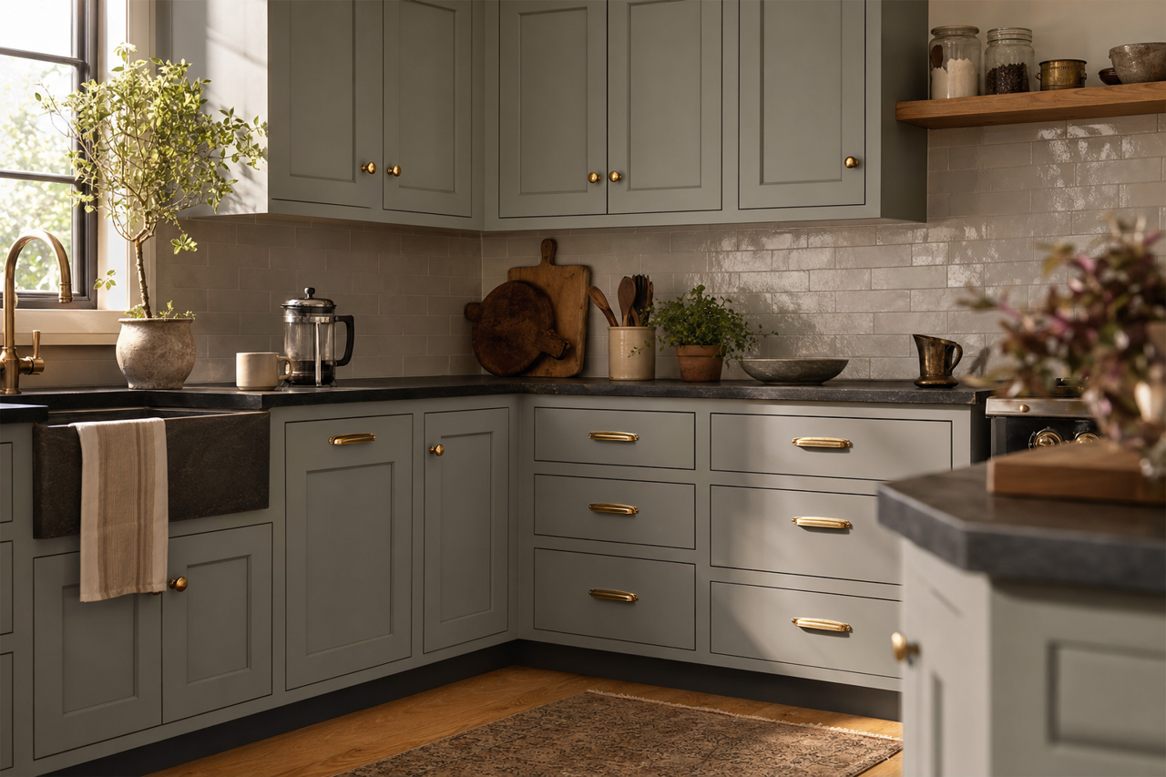 Porcelain Shale by Valspar on cabinets