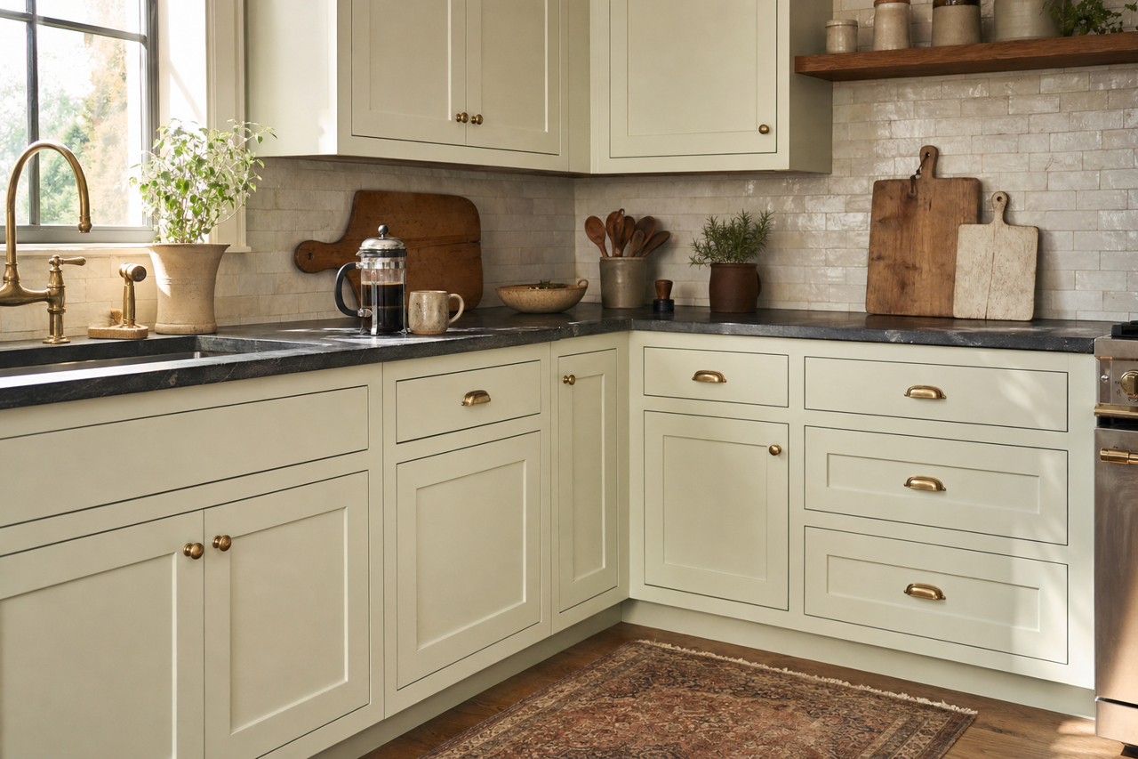 Pale Pastures by Valspar on cabinets