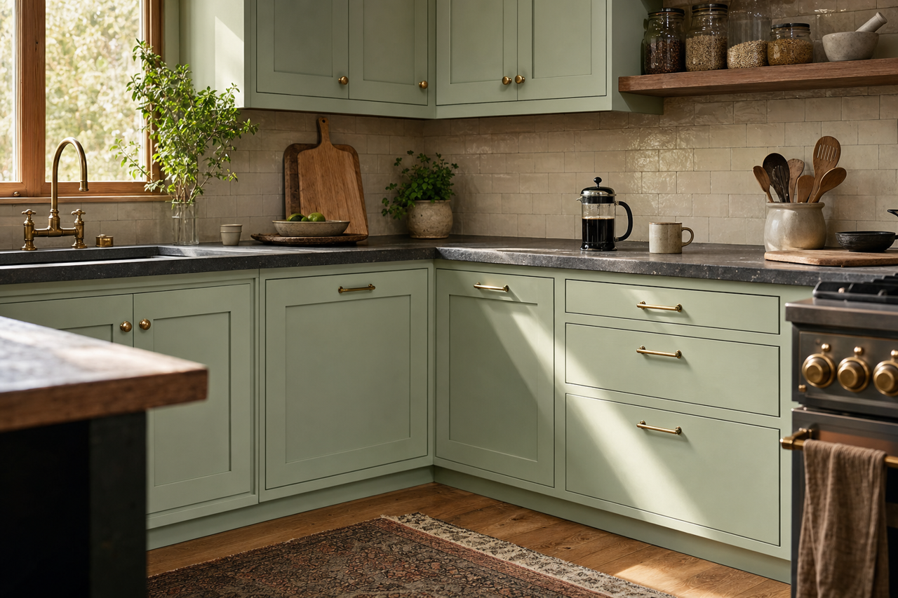 Wedding Mint by Valspar on cabinets