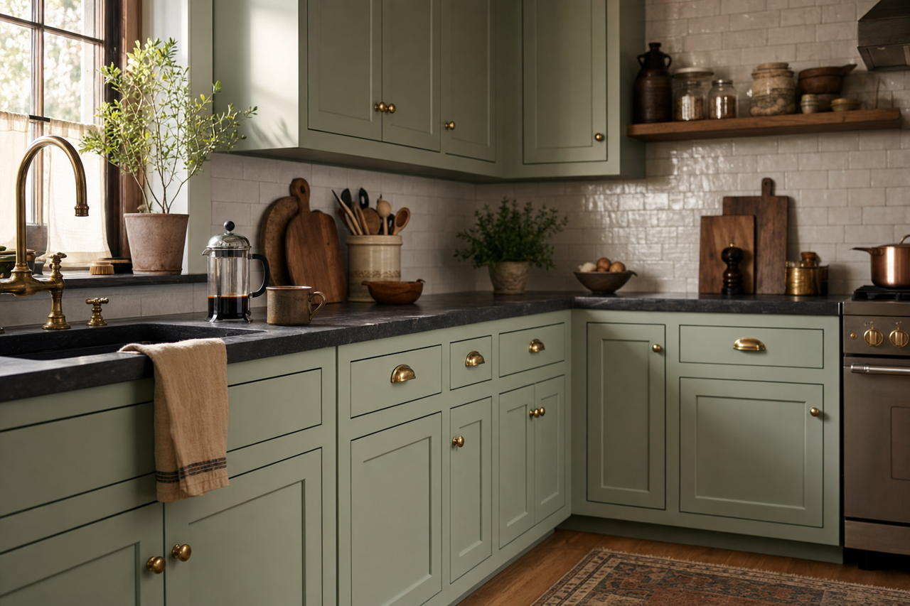 Green Trellis by Valspar on cabinets