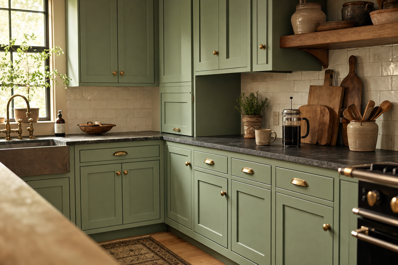 Blue Grass Mood by Valspar on cabinets