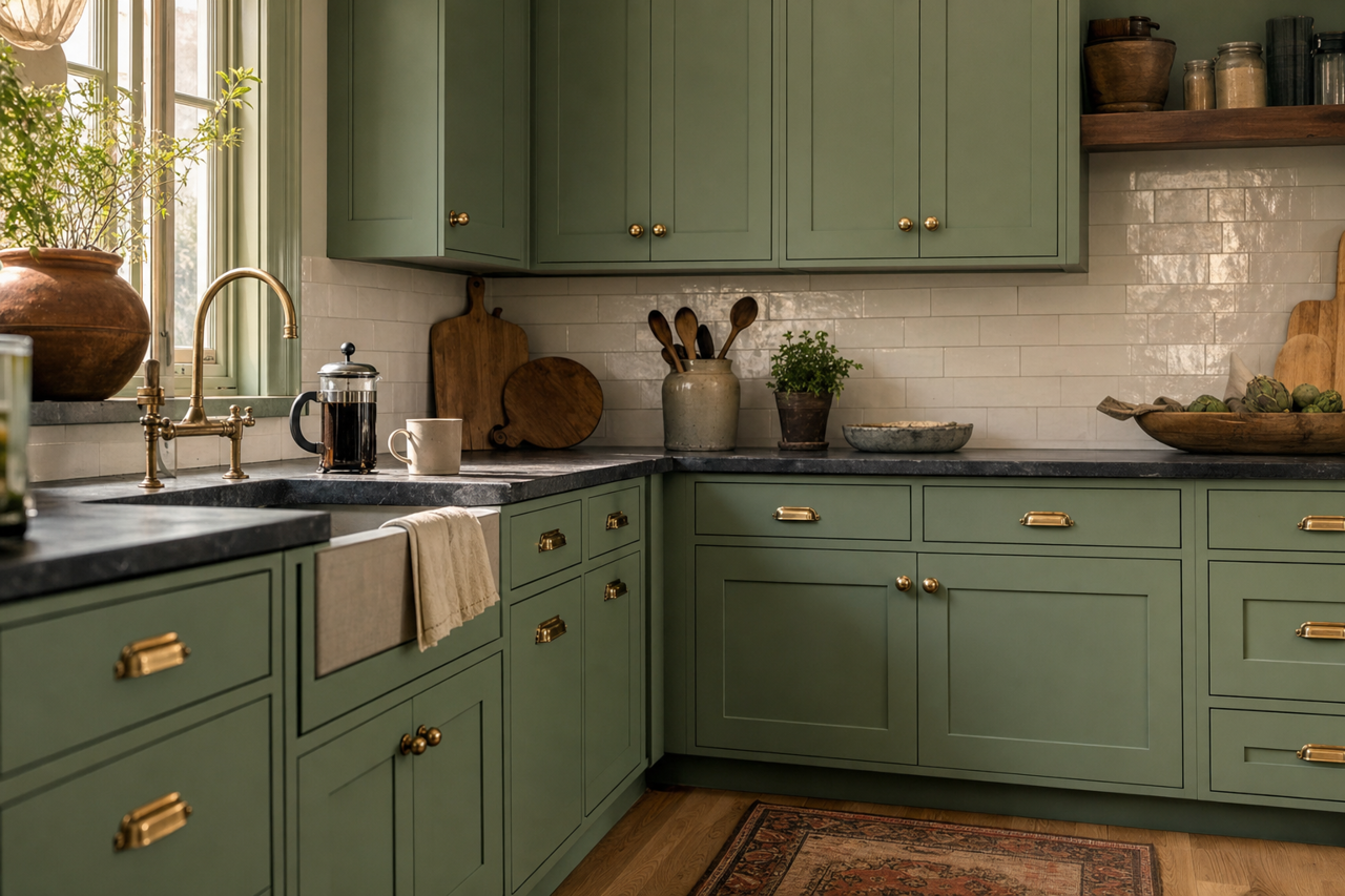Pine Green by Valspar on cabinets