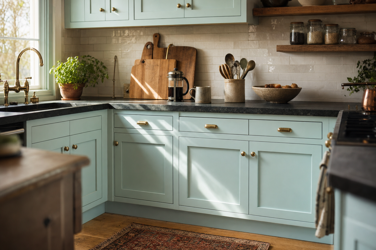 Sea Breath by Valspar on cabinets