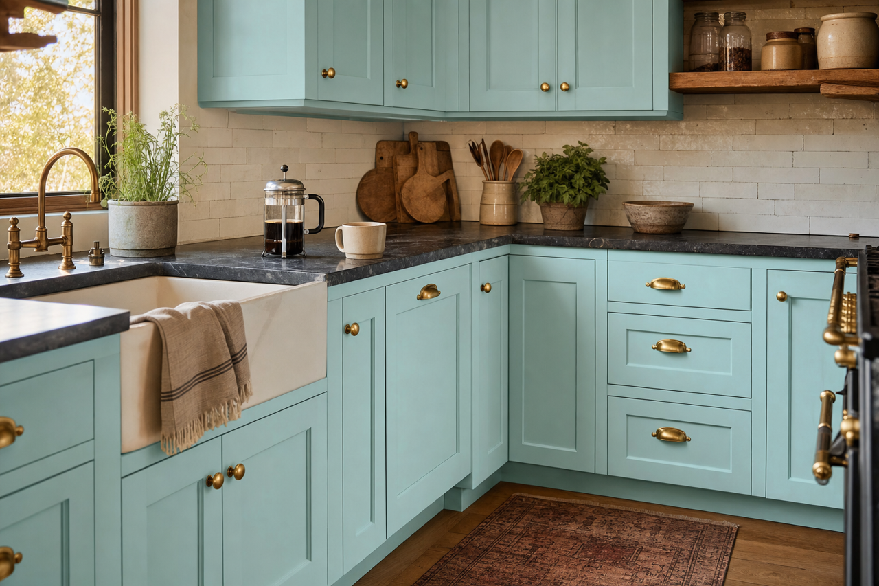 Crystal Aqua by Valspar on cabinets