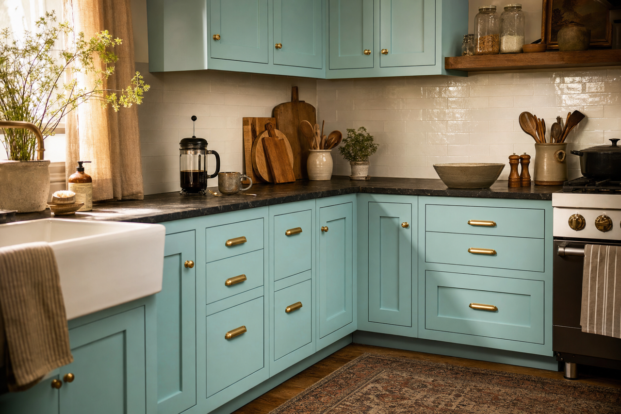 Bay Mist by Valspar on cabinets