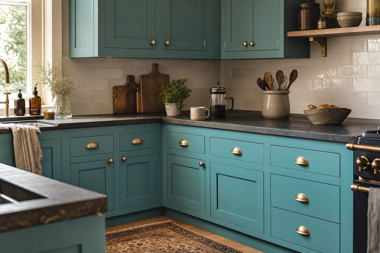 Tidal Teal by Valspar on cabinets