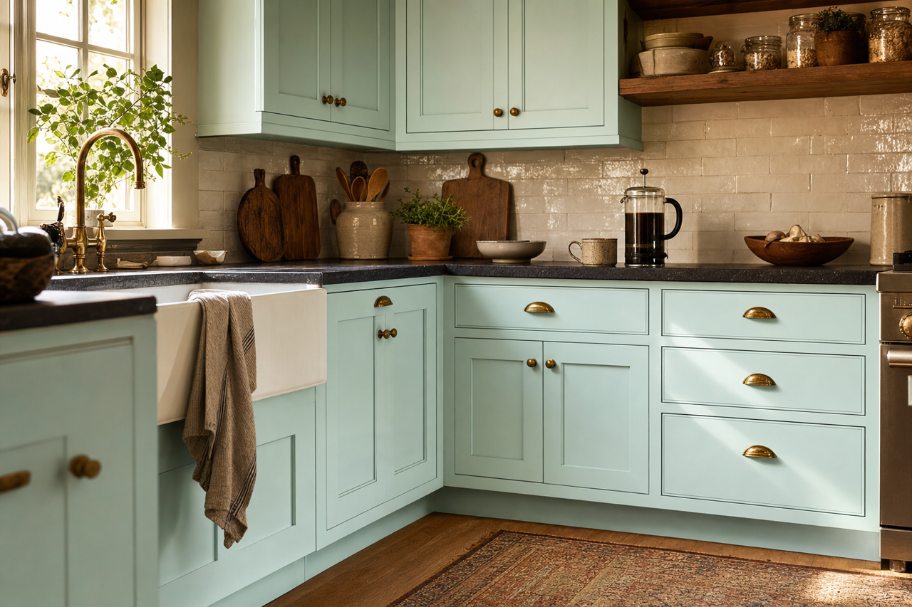 Sea Air by Valspar on cabinets