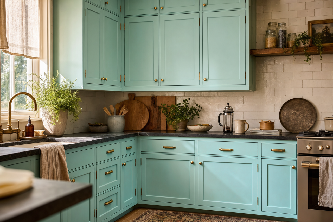 Sea Wave by Valspar on cabinets