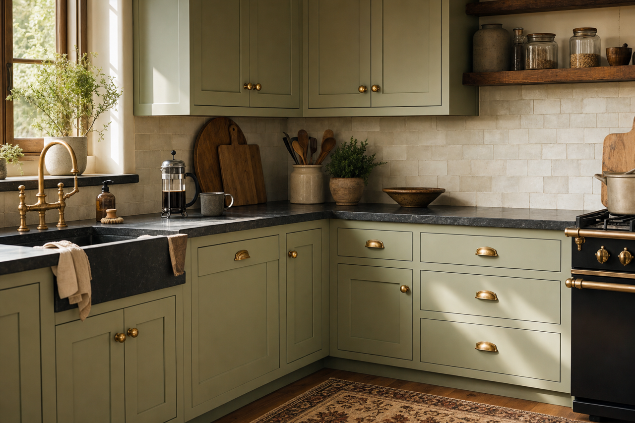 Green Garlands by Valspar on cabinets