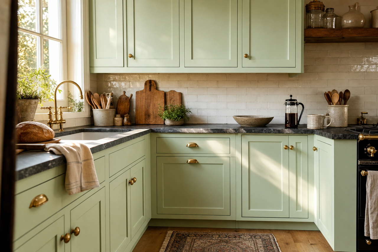 Kiss of Mint by Valspar on cabinets