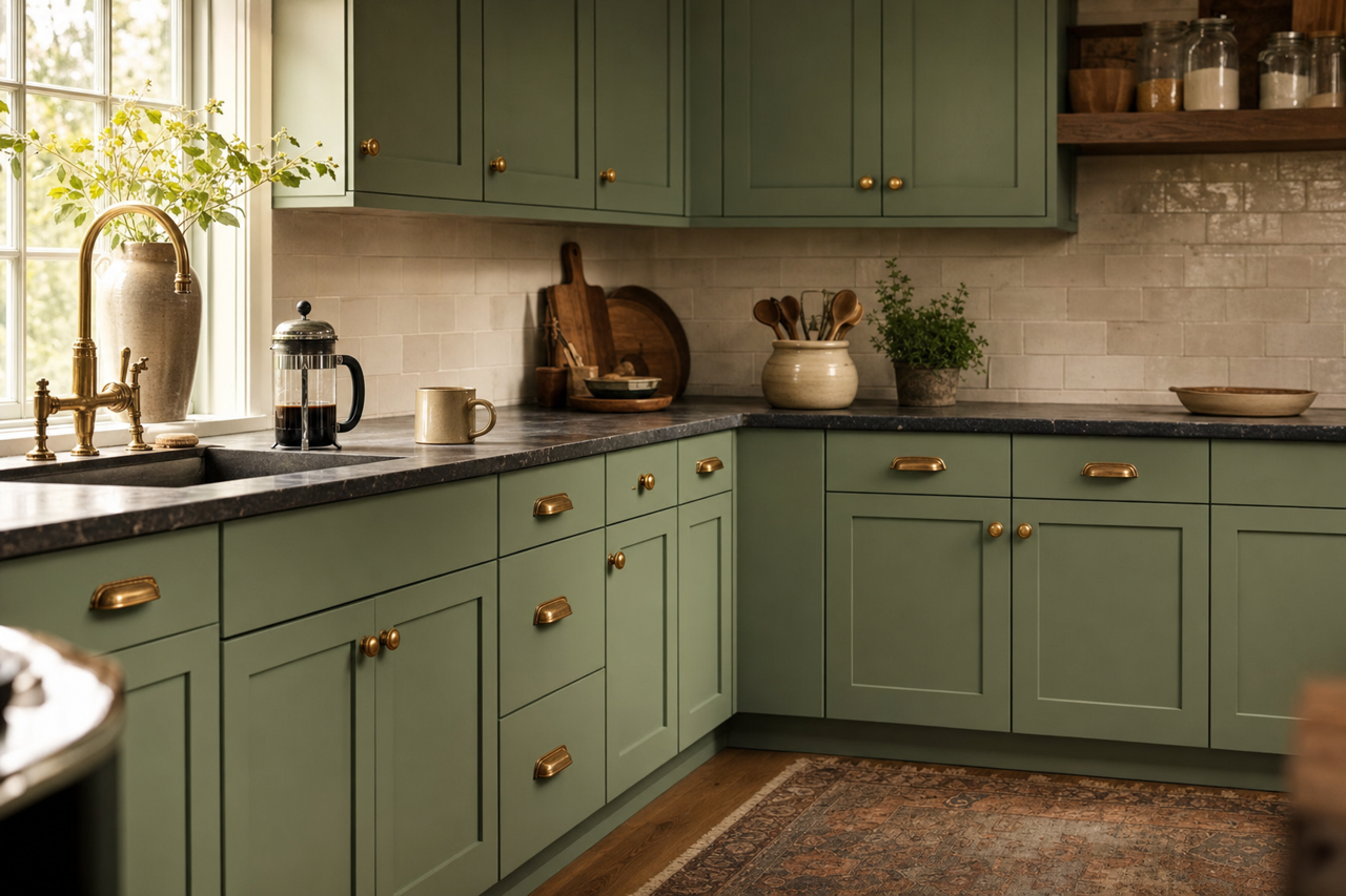 Plaza Green by Valspar on cabinets