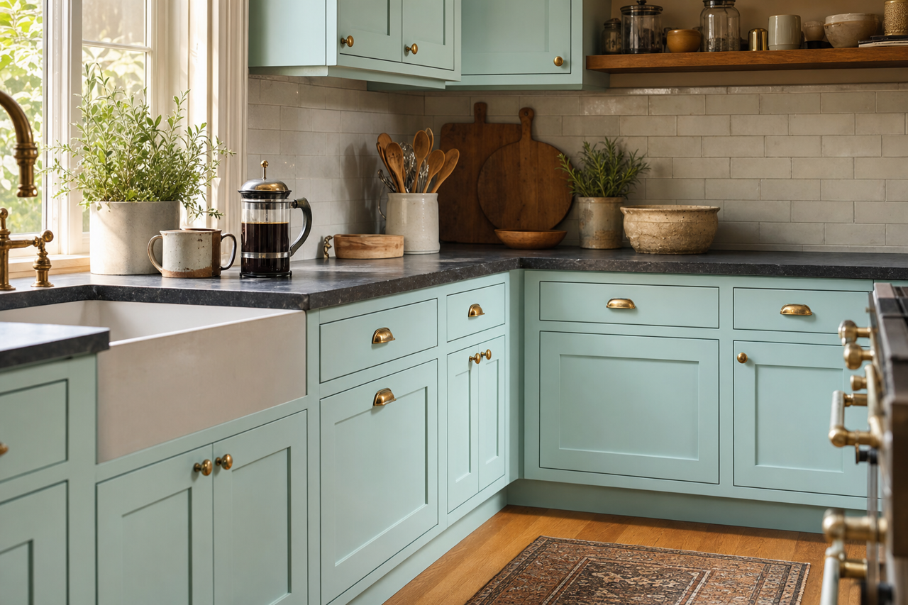 Mystic Sea by Valspar on cabinets