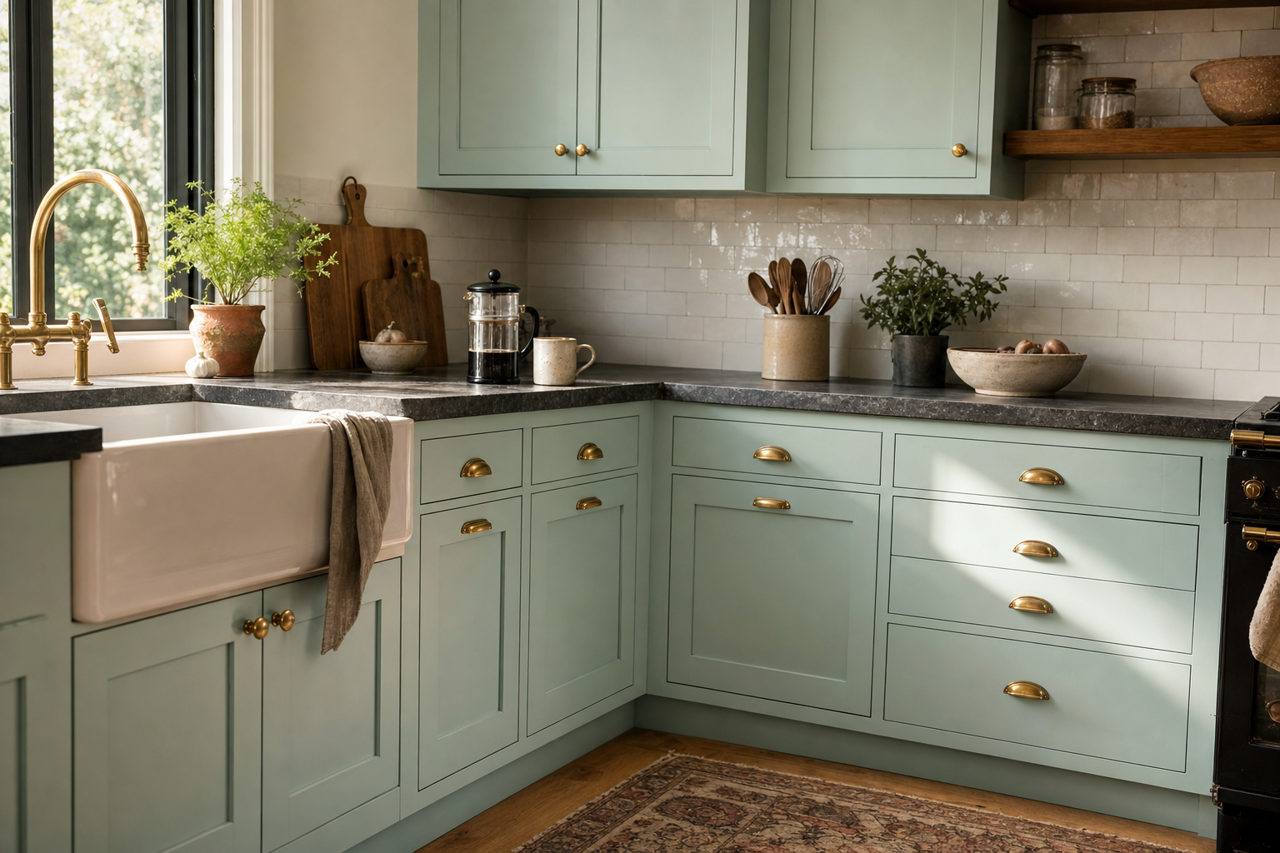 Lake Breeze by Valspar on cabinets