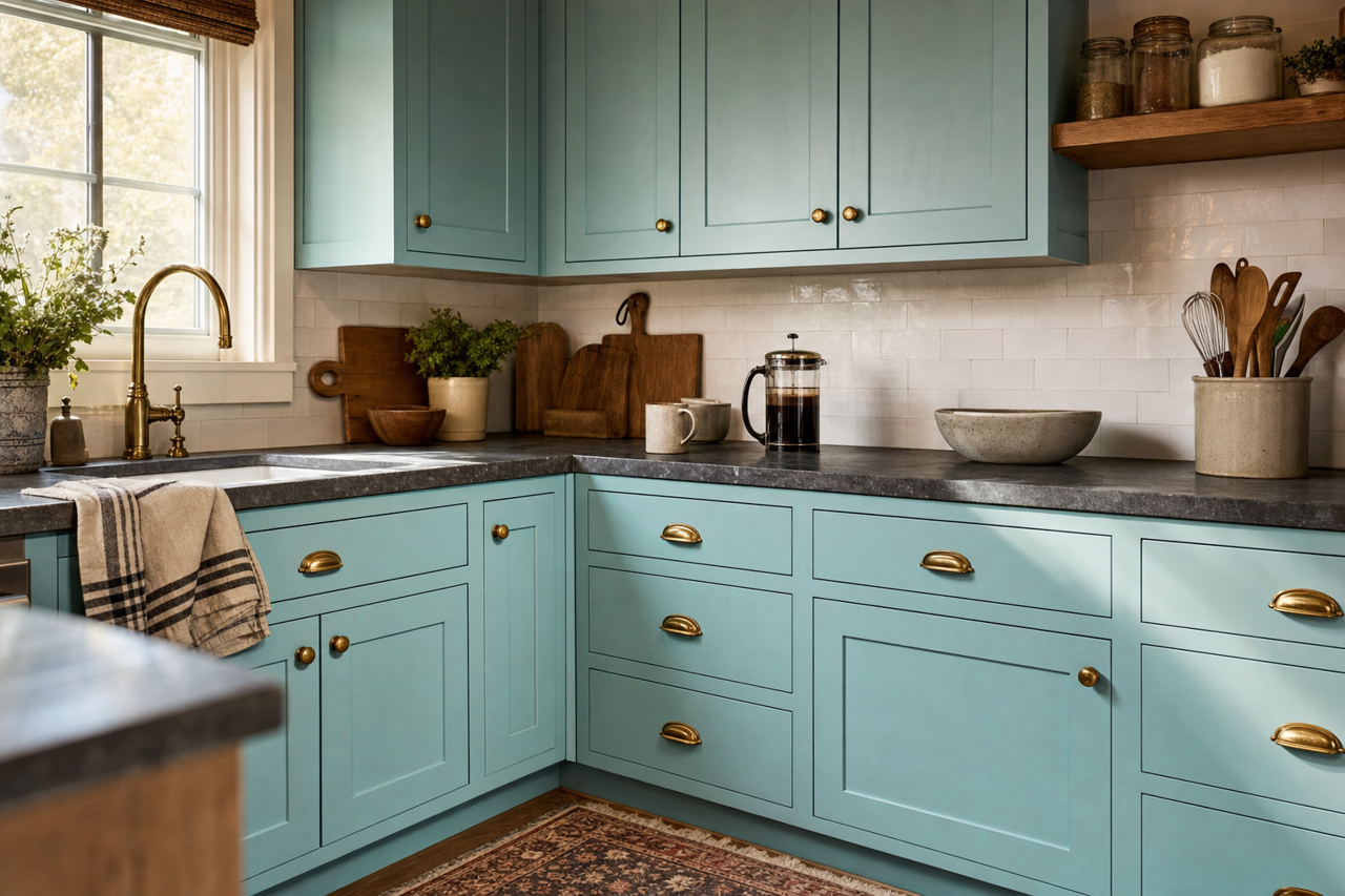 Gentle Wave by Valspar on cabinets