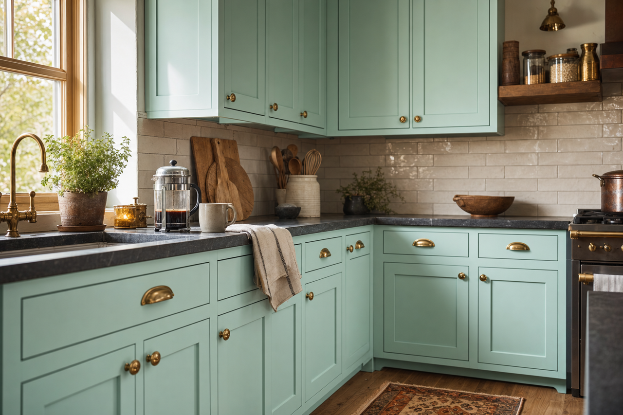 Aqua Glow by Valspar on cabinets