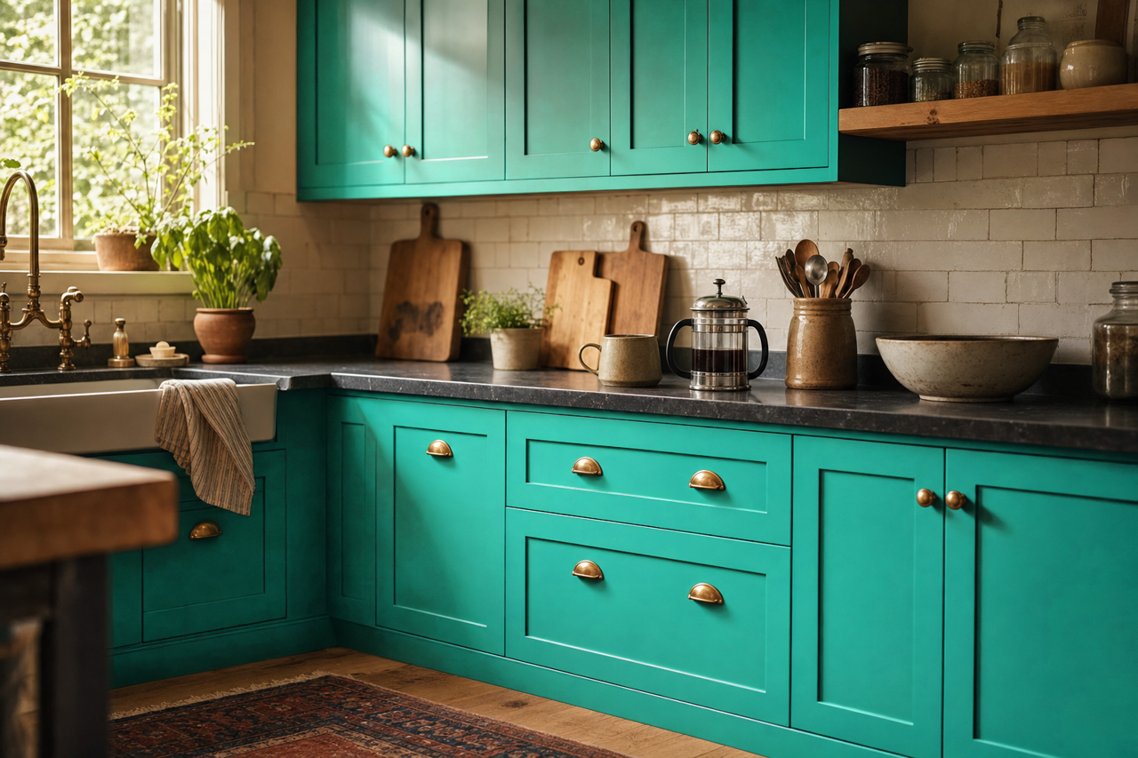 Tantalizing Teal by Valspar on cabinets