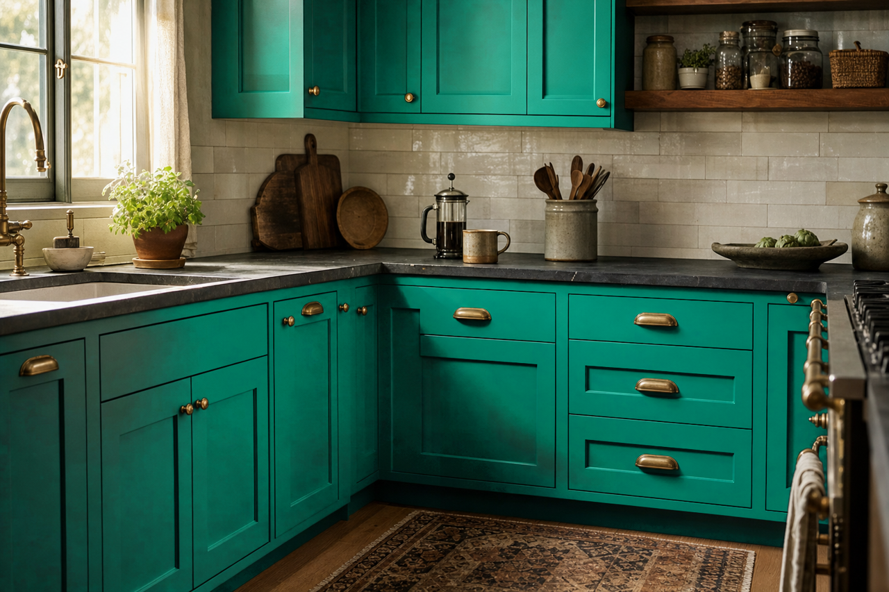 Sea Swell by Valspar on cabinets