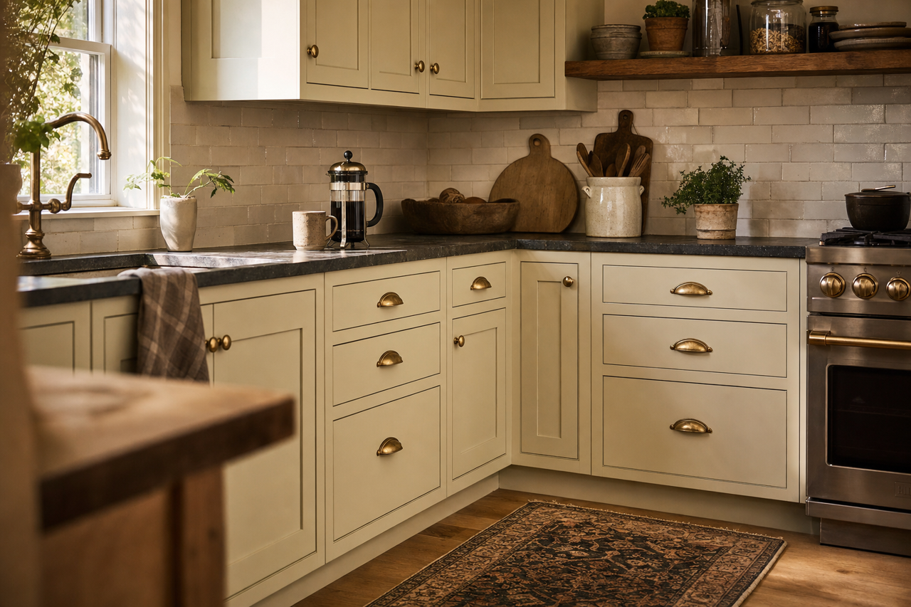 Sandy Sage by Valspar on cabinets