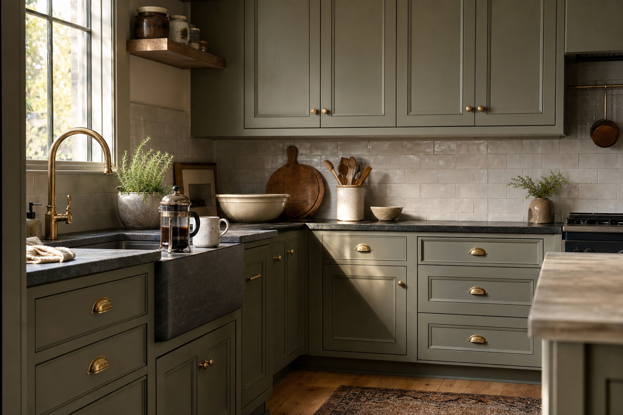 Cosmopolitan Olive by Valspar on cabinets