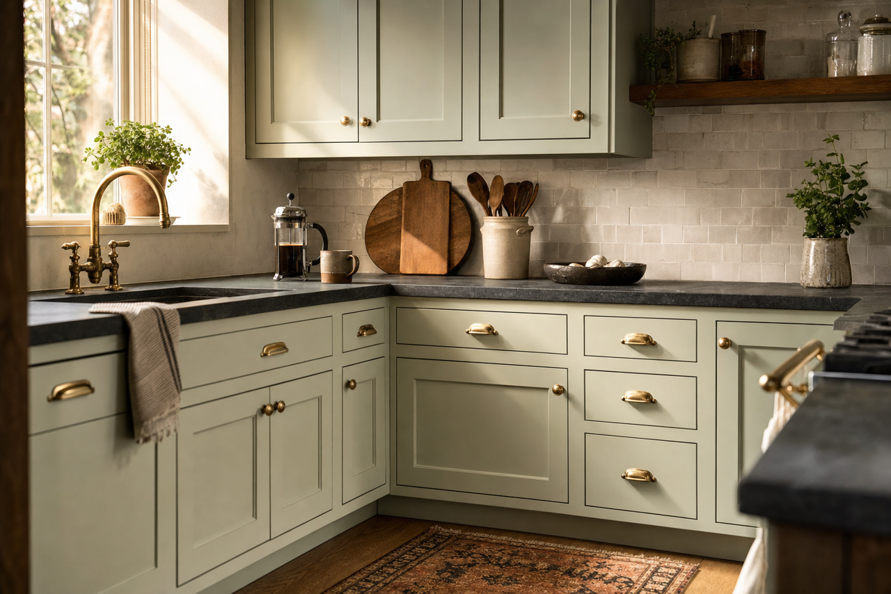 Spearmint Shale by Valspar on cabinets